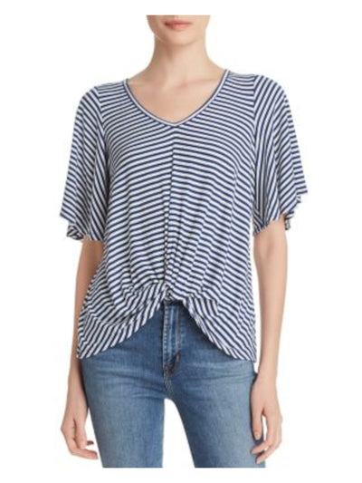 STATUS BY CHENAULT Womens Blue Stretch Twist Front Striped V Neck Top L