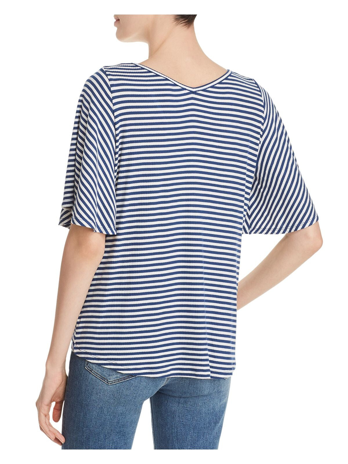 STATUS BY CHENAULT Womens Blue Stretch Twist Front Striped V Neck Top XS