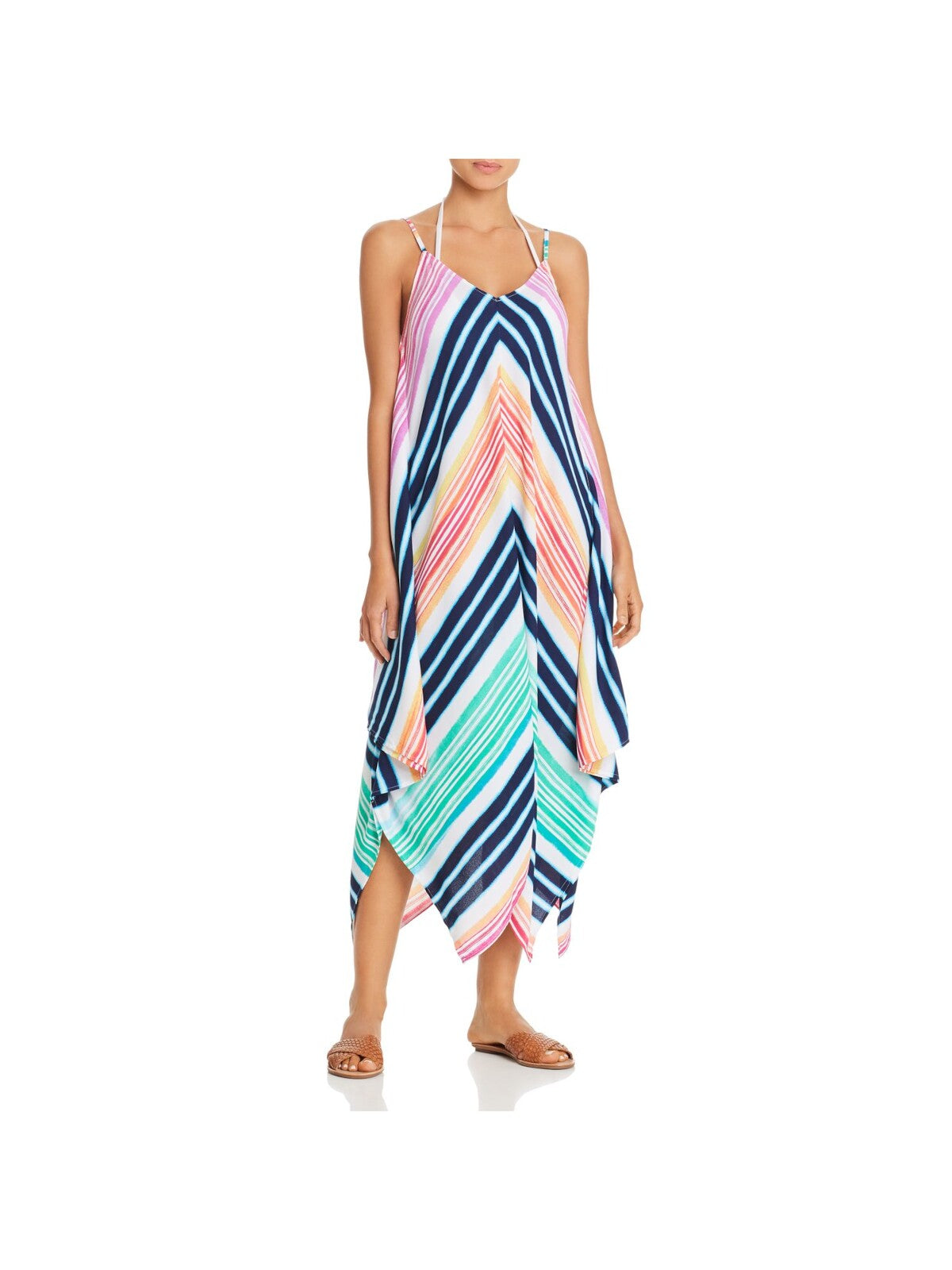 TOMMY BAHAMA Women's Blue Chevron Stretch Double V-Neck Handkerchief Hem Adjustable Swimsuit Cover Up S