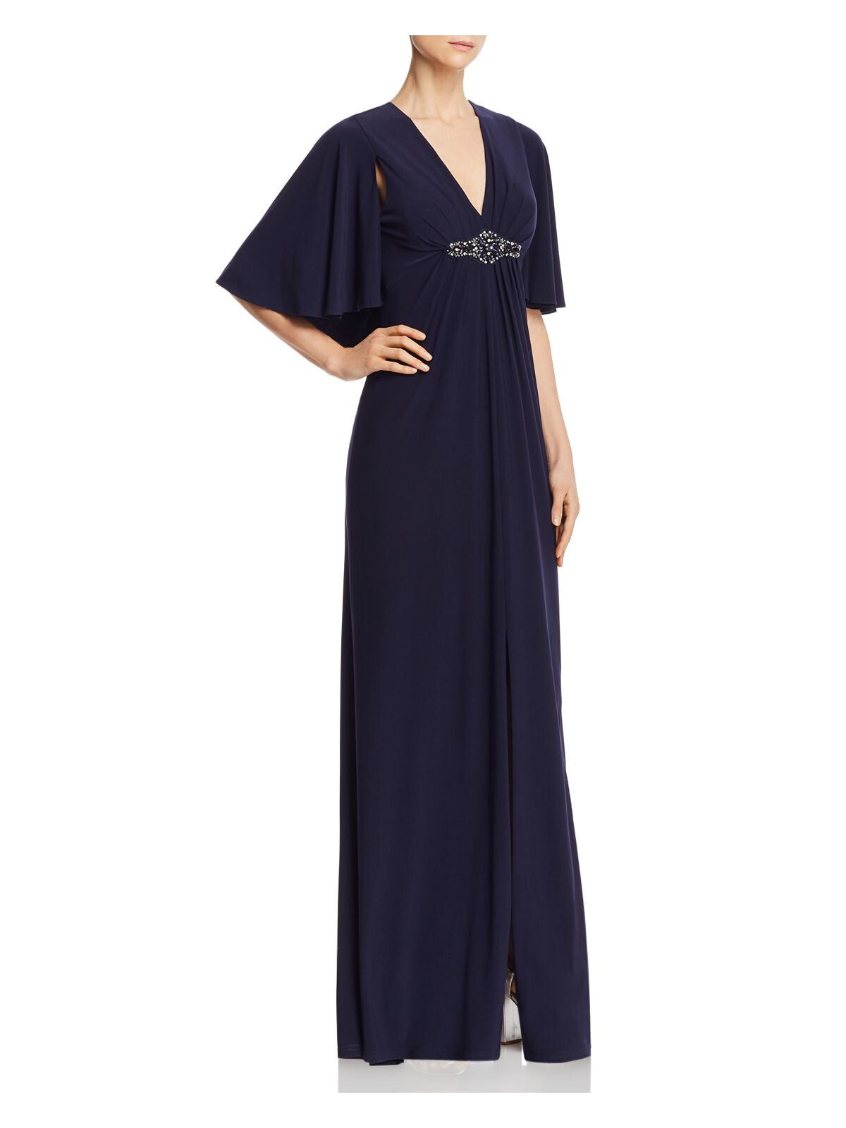 ELIZA J Womens Navy Embellished Bell Sleeve V Neck Full-Length Formal Sheath Dress 2