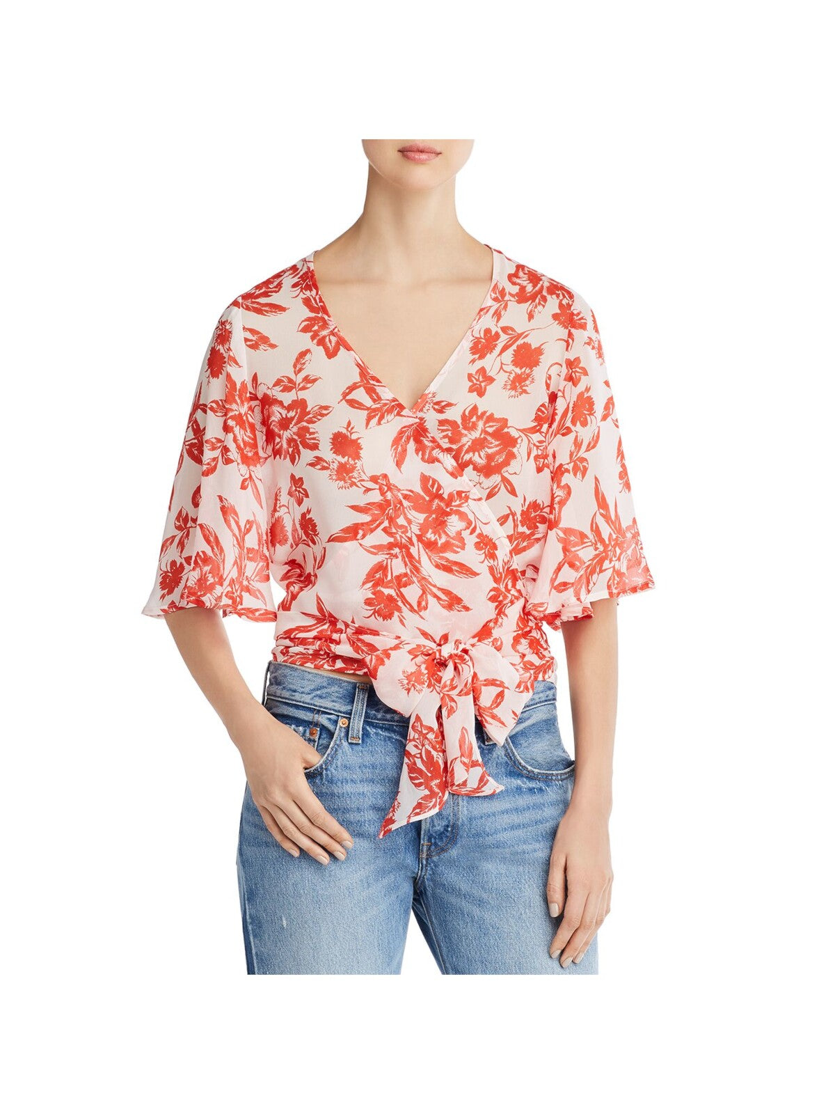 RED HAUTE Womens Coral Tie Sheer Floral Bell Sleeve Surplice Neckline Wrap Top XS