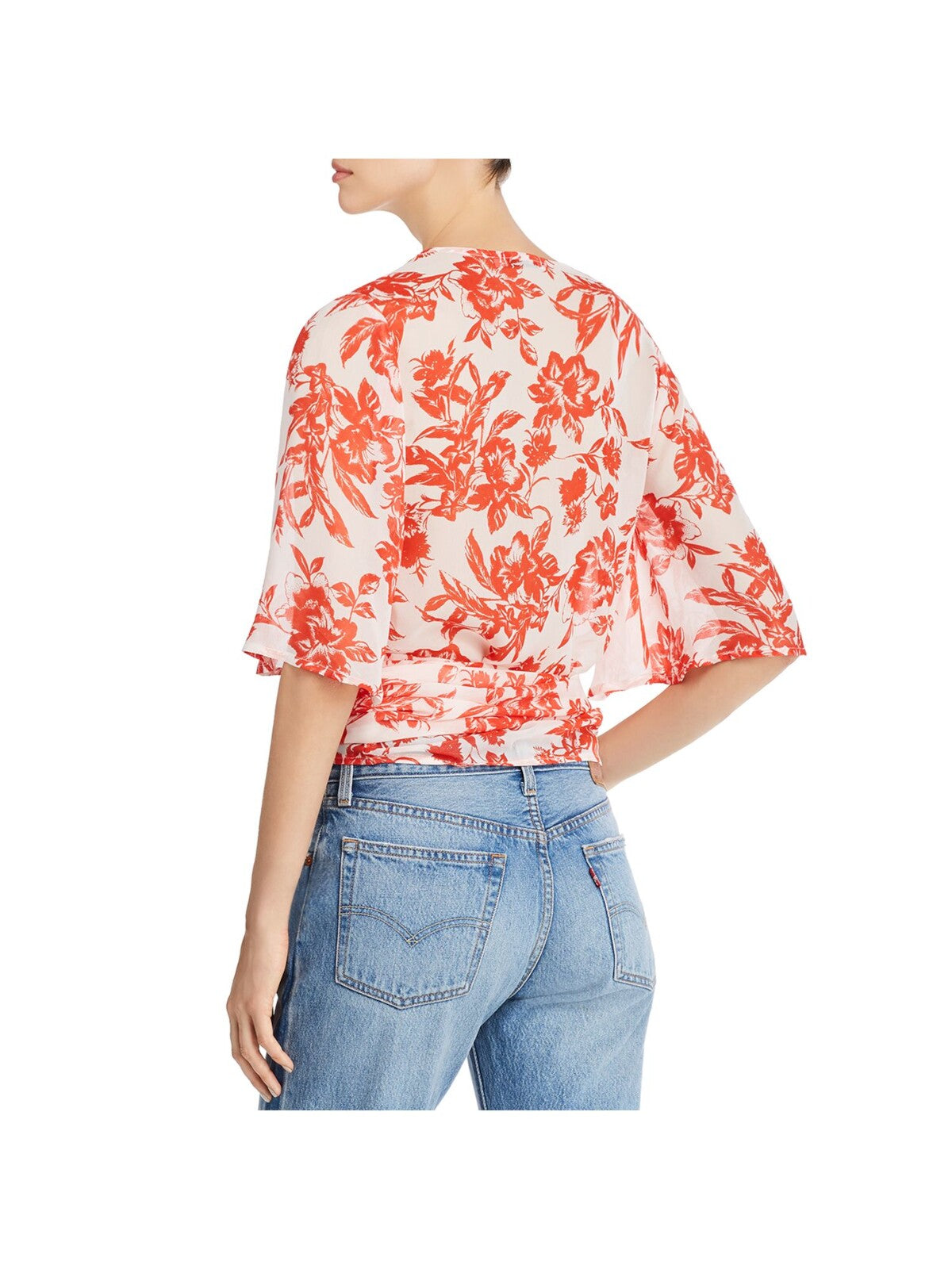 RED HAUTE Womens Coral Tie Sheer Floral Bell Sleeve Surplice Neckline Wrap Top S