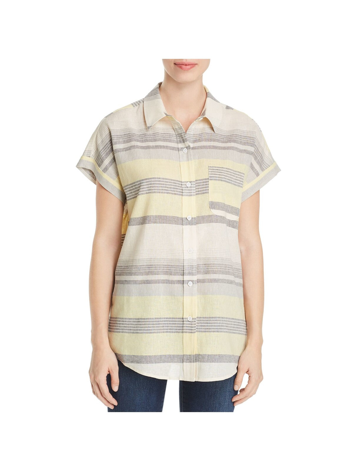 MARLED ESSENTIALS Womens Yellow Striped Short Sleeve Collared Button Up Top S