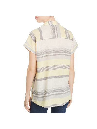 MARLED ESSENTIALS Womens Yellow Striped Short Sleeve Collared Button Up Top M