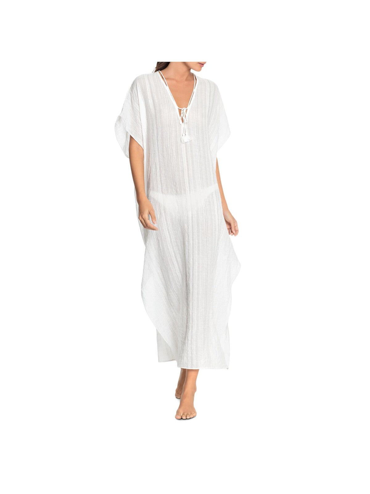 ROBIN PICCONE Women's White Caftan V-Neck Tie Textured Michelle Swimsuit Cover Up L