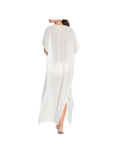 ROBIN PICCONE Women's White Caftan V-Neck Tie Textured Michelle Swimsuit Cover Up L