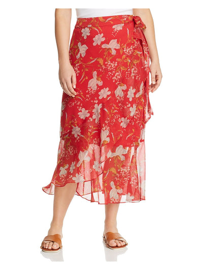 VINCE CAMUTO Womens Red Floral Tea-Length Ruffled Skirt Plus 18W