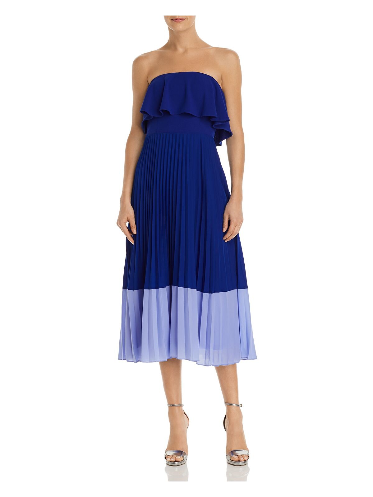 AIDAN MATTOX Womens Blue Pleated Overlay Strapless Below The Knee Party Fit + Flare Dress 2