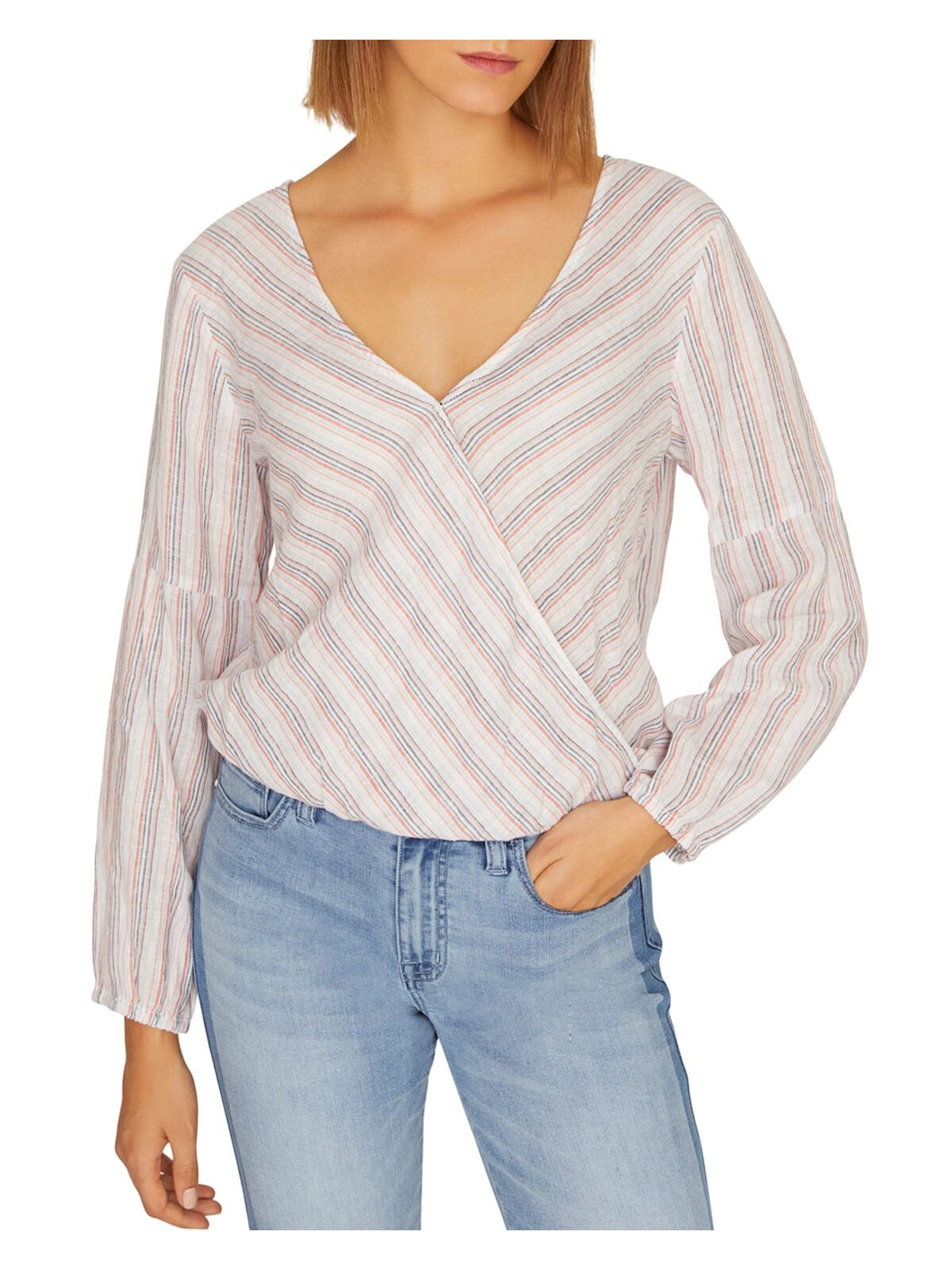 SANCTUARY Womens Long Sleeve V Neck Faux Wrap Top