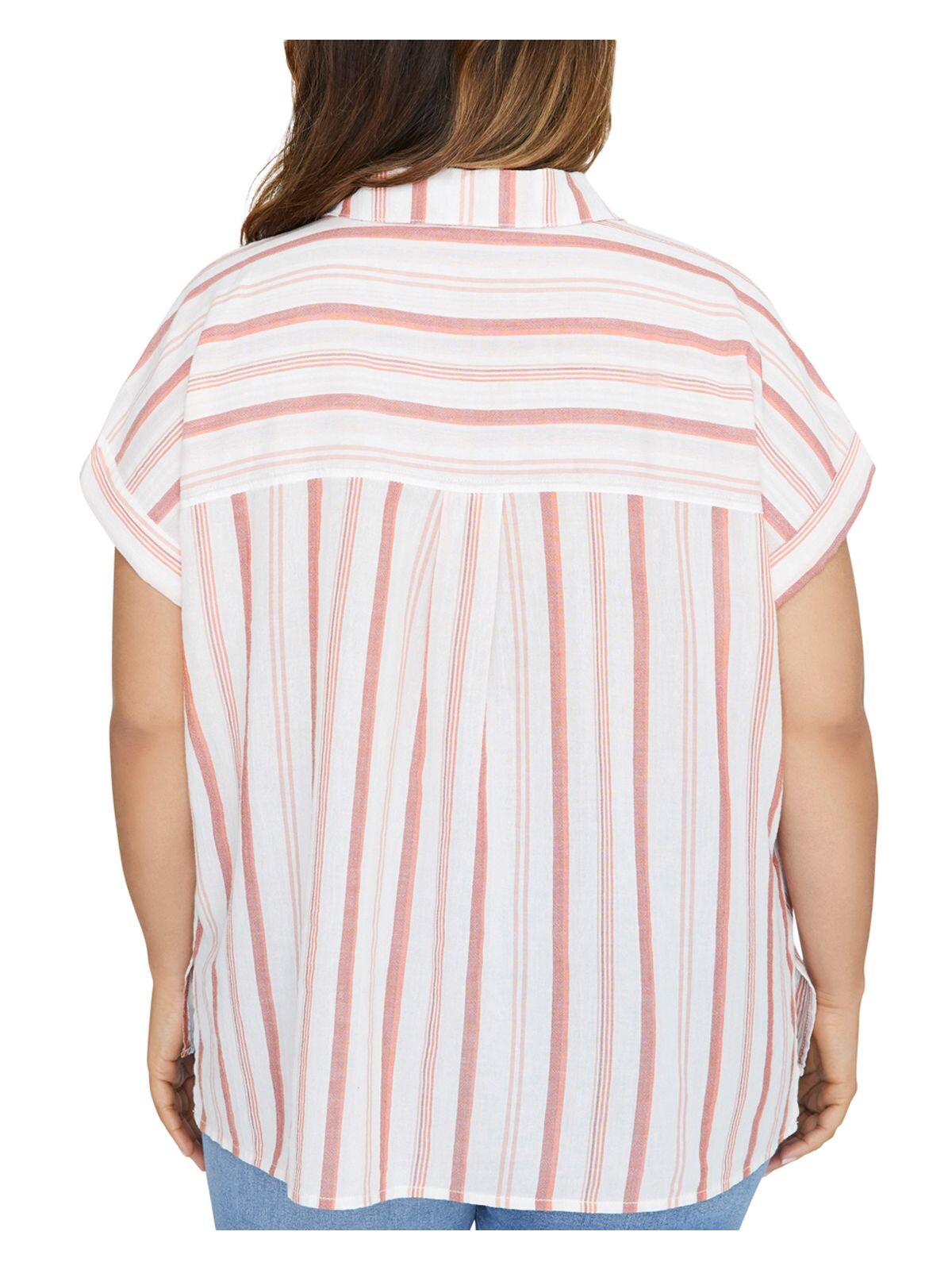 SANCTUARY Womens White Pocketed Cuffed Vented Hem Striped Short Sleeve Collared Button Up Top Plus 1X