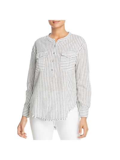 ELAN Womens Gray Frayed Hi-lo Hem Striped Cuffed Sleeve Crew Neck Button Up Top L