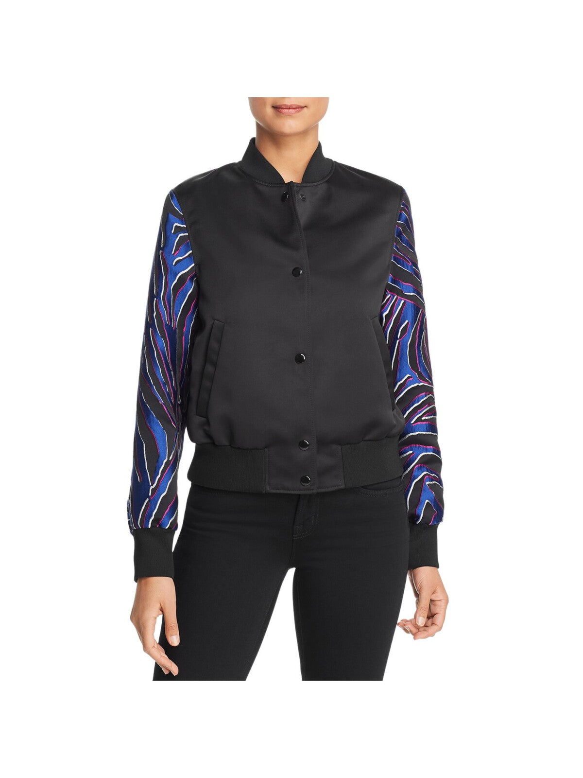 ESCADA Womens Black Pocketed Ribbed Snap Closure Printed Bomber Jacket 34