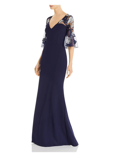 AIDAN MATTOX Womens Navy Stretch Embellished Beaded Flutter Sleeve V Neck Full-Length Evening Sheath Dress 10