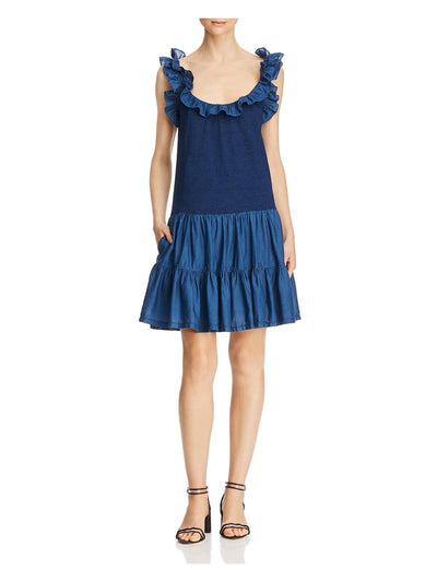 REBECCA TAYLOR Womens Blue Low Back Heather Spaghetti Strap Scoop Neck Above The Knee Party Trapeze Dress L