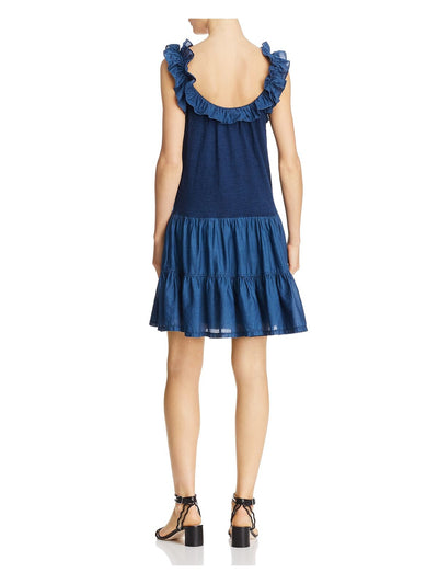 REBECCA TAYLOR Womens Blue Low Back Heather Spaghetti Strap Scoop Neck Above The Knee Party Trapeze Dress L