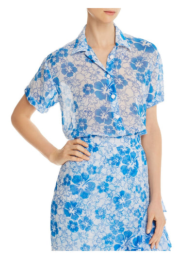 Mochi Womens Blue Floral Short Sleeve Collared Top M