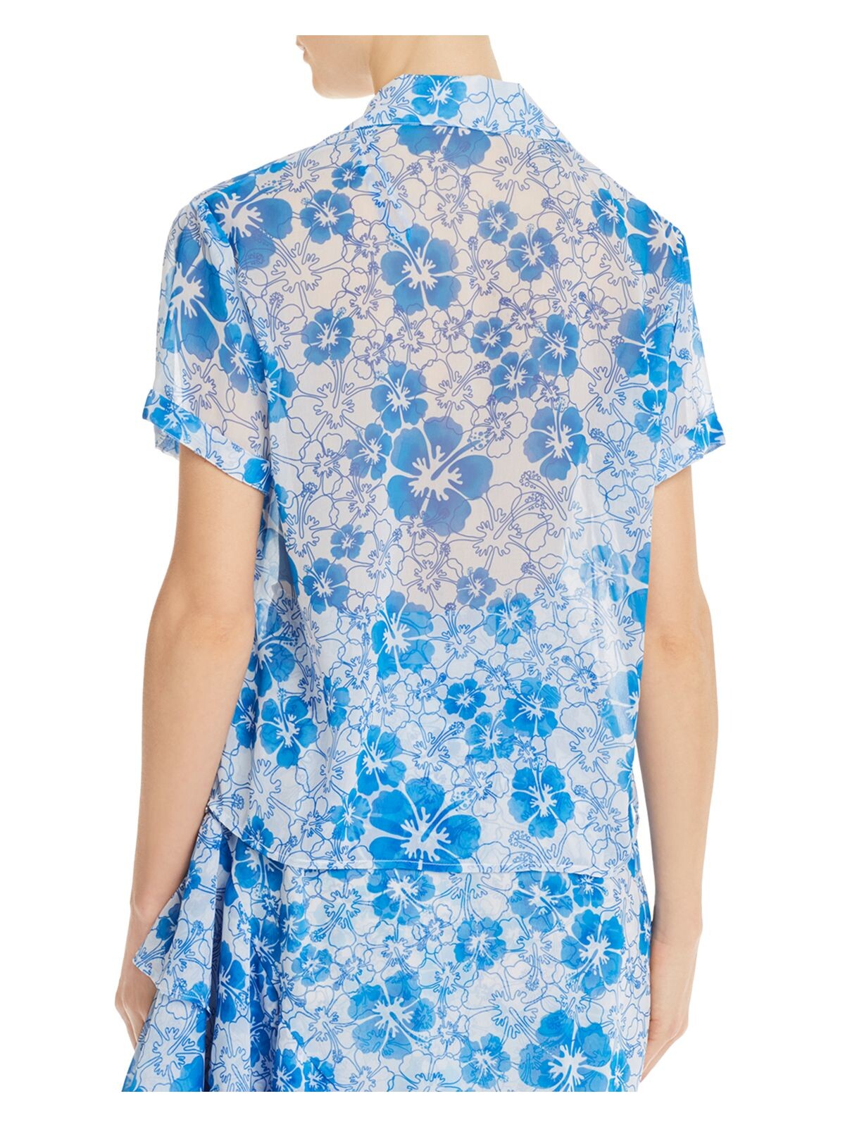 Mochi Womens Blue Floral Short Sleeve Collared Top Size: L