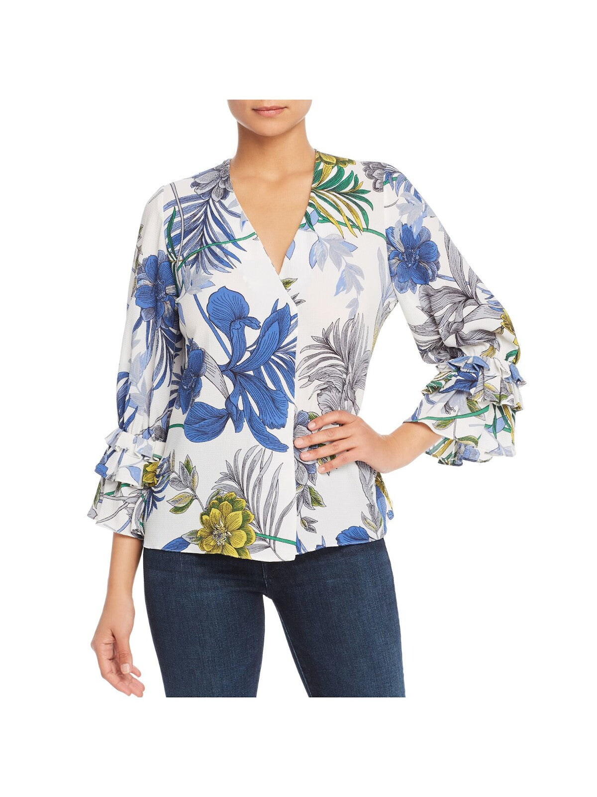 LE GALI Womens White Floral Bell Sleeve V Neck Top S