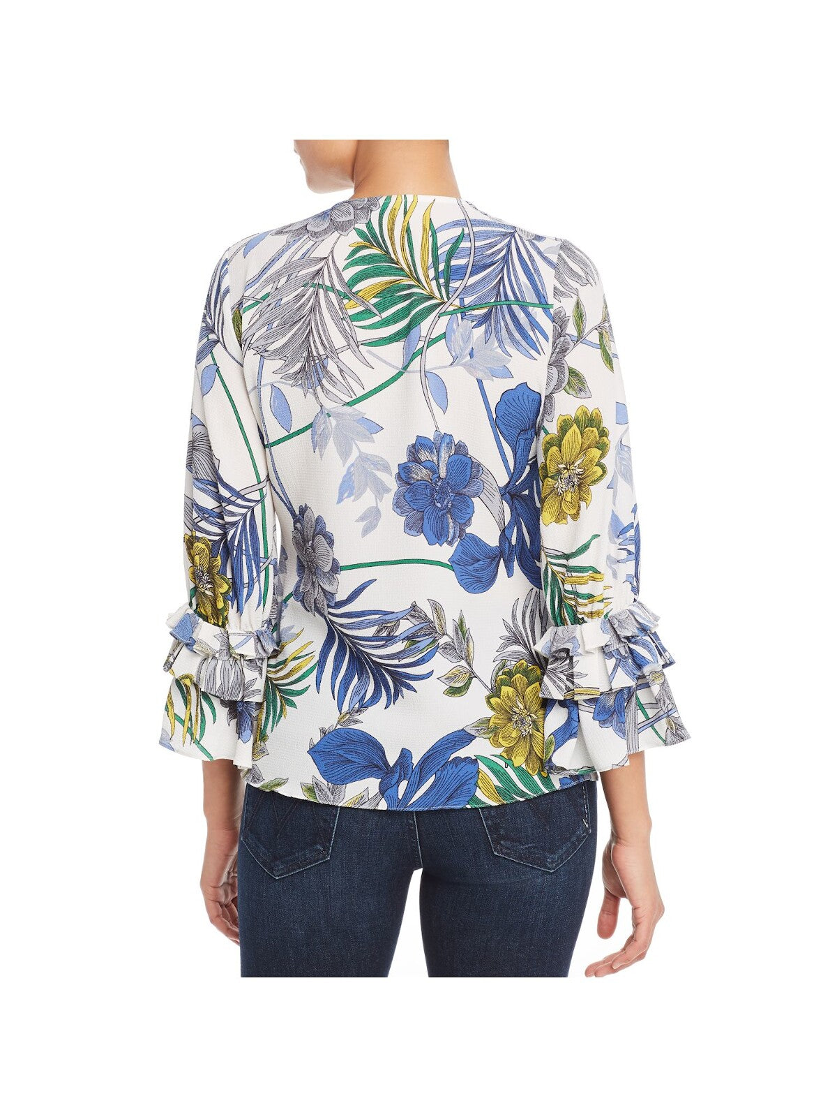 LE GALI Womens White Floral Bell Sleeve V Neck Top S