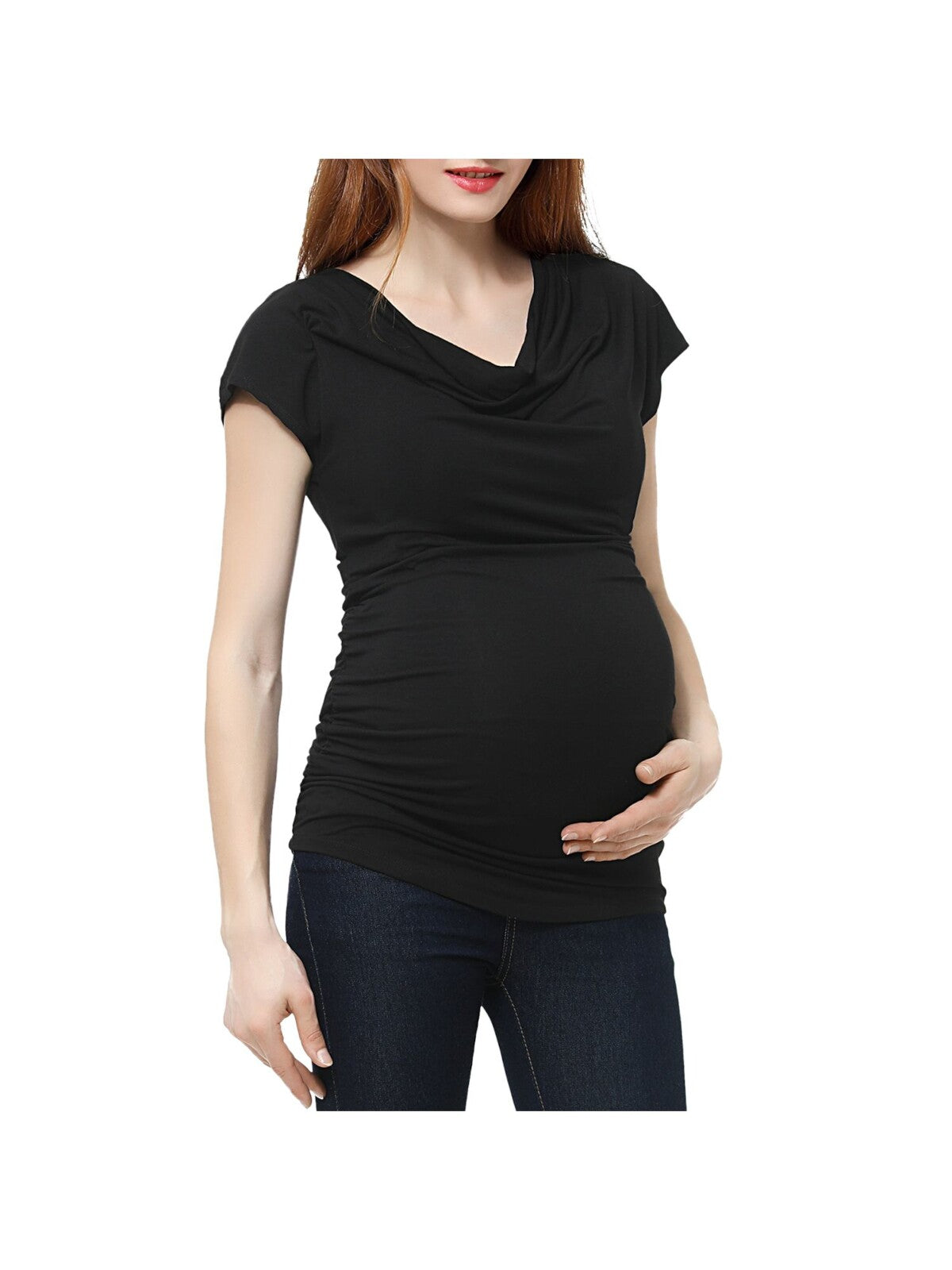 KIMI & KAI Womens Black Stretch Fitted Short Sleeve Cowl Neck Top Maternity XS