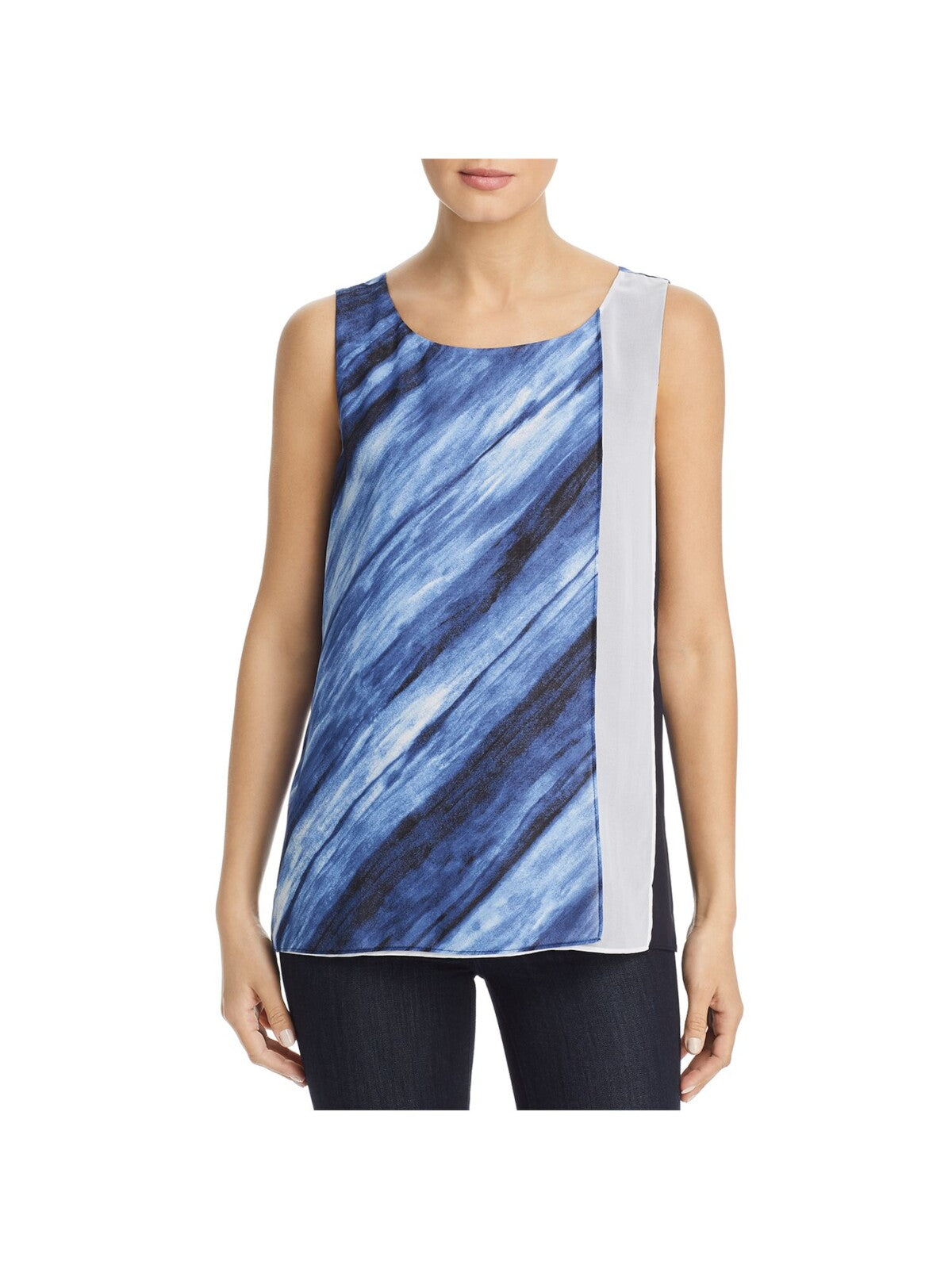 DONNA KARAN Womens Blue Printed Sleeveless Scoop Neck Tank Top L