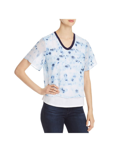 DONNA KARAN Womens Light Blue Sheer Double Layer Printed Short Sleeve V Neck Top M