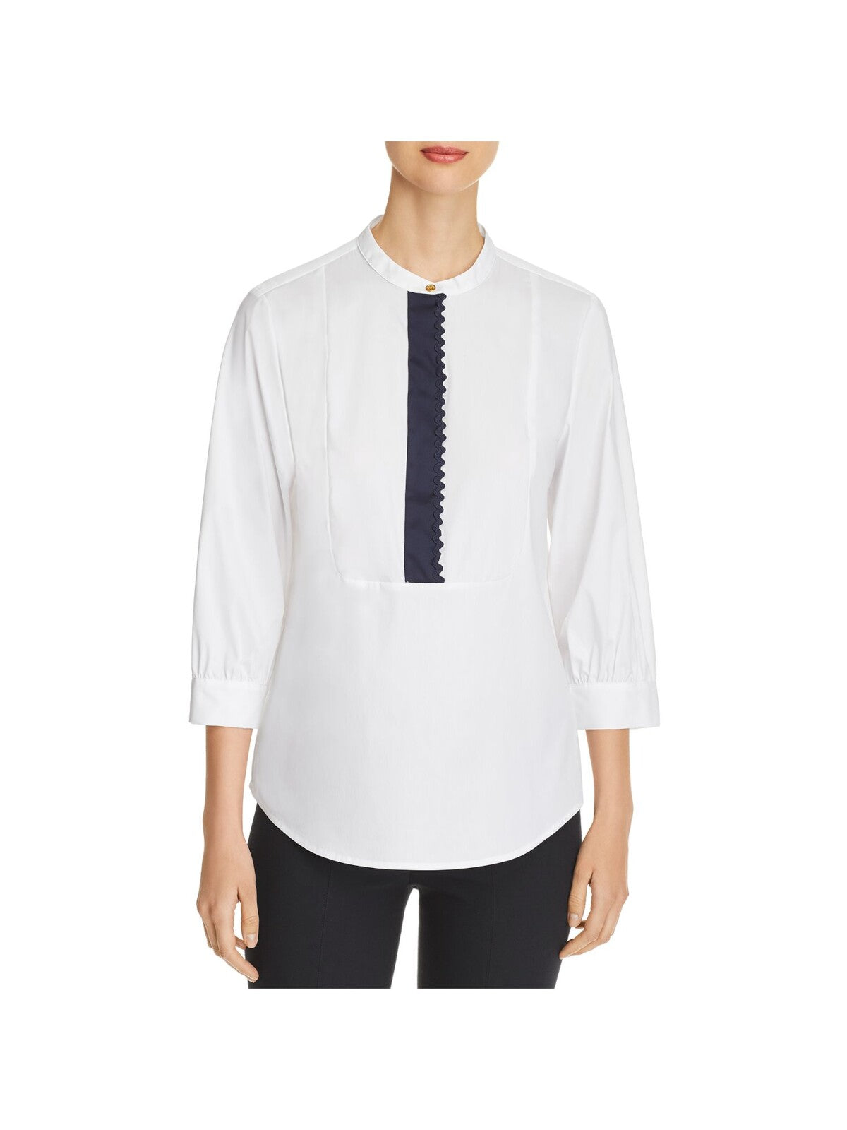 DONNA KARAN Womens White 3/4 Sleeve Bib Neck Wear To Work Top XS