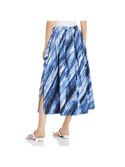 DONNA KARAN Womens Blue Pleated Pocketed Elastic Waist Printed Midi Wear To Work Pleated Skirt L