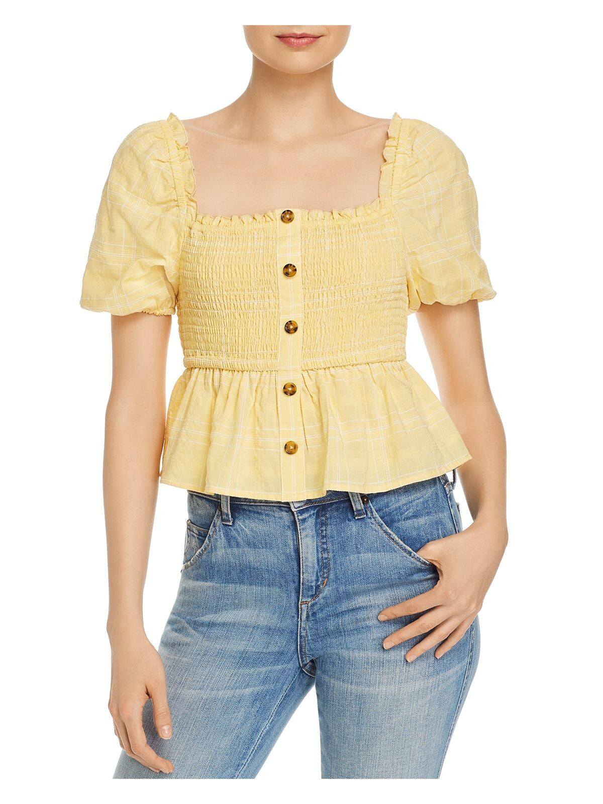 THE FIFTH LABEL Womens Smocked Short Sleeve Square Neck Top