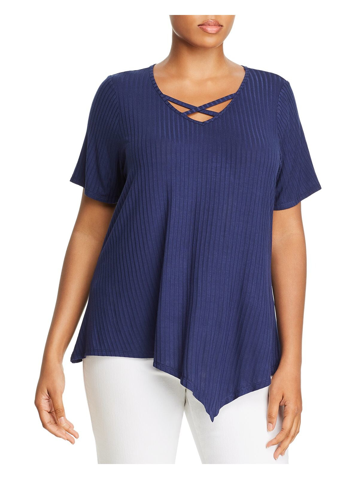 CHENAULTE Womens Navy Ribbed Short Sleeve Keyhole Hi-Lo Top Plus 1X