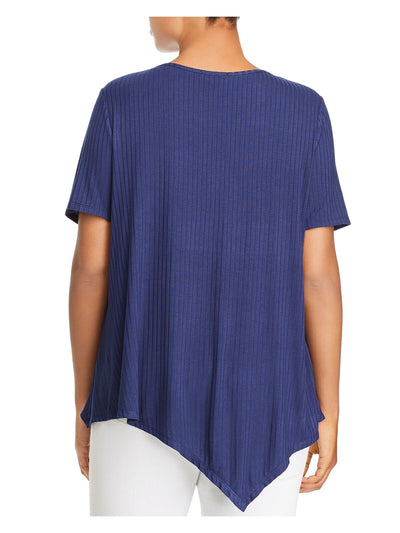 CHENAULTE Womens Navy Ribbed Short Sleeve Keyhole Hi-Lo Top Plus 1X