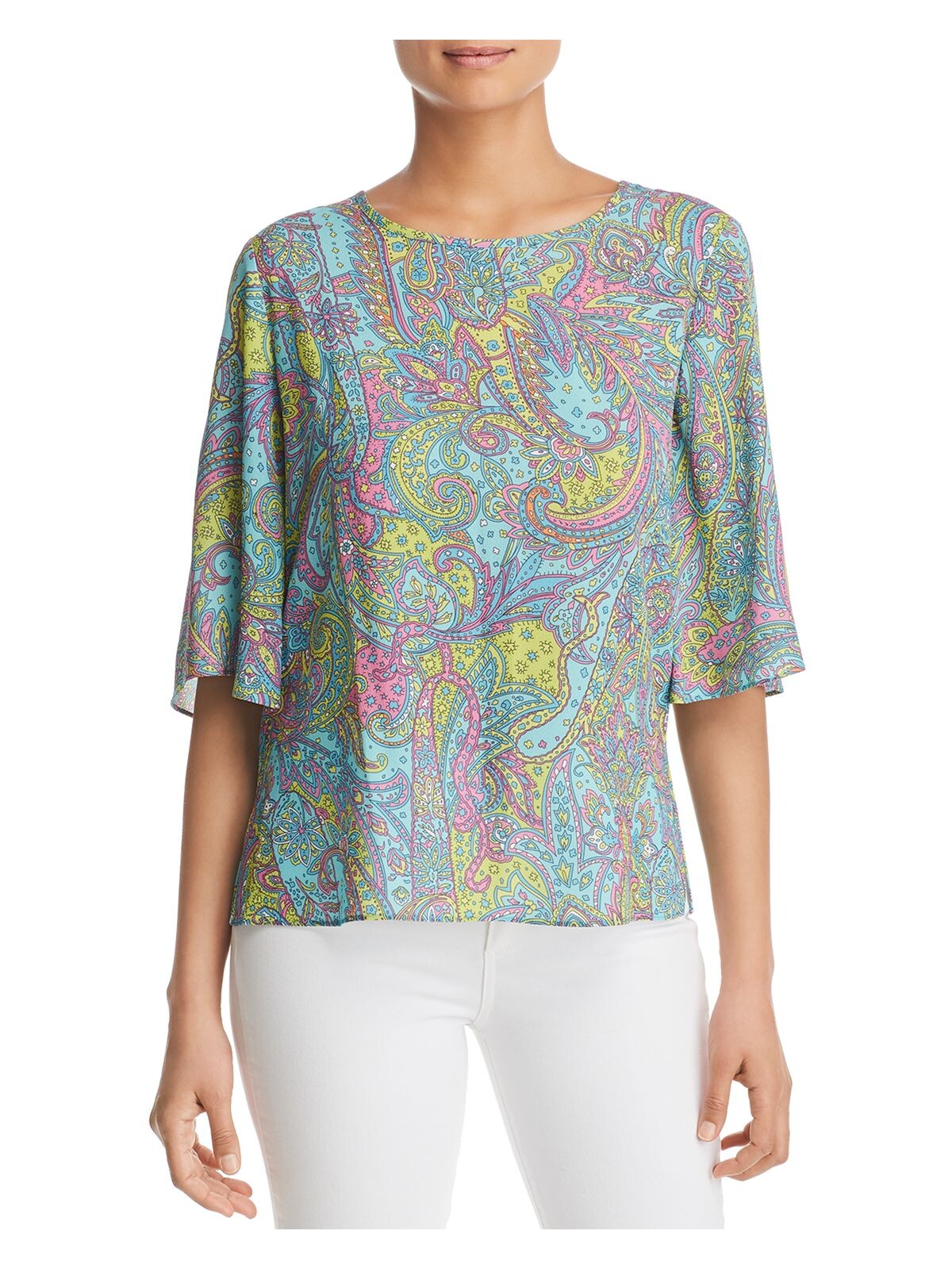 LE GALI Womens Turquoise Paisley 3/4 Sleeve Jewel Neck Blouse M