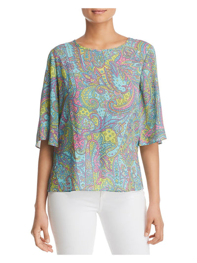 LE GALI Womens Aqua Paisley 3/4 Sleeve Jewel Neck Blouse S