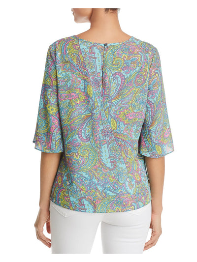 LE GALI Womens Aqua Paisley 3/4 Sleeve Jewel Neck Blouse S