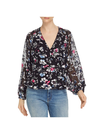 PARKER Womens Black Floral Long Sleeve V Neck Top XS