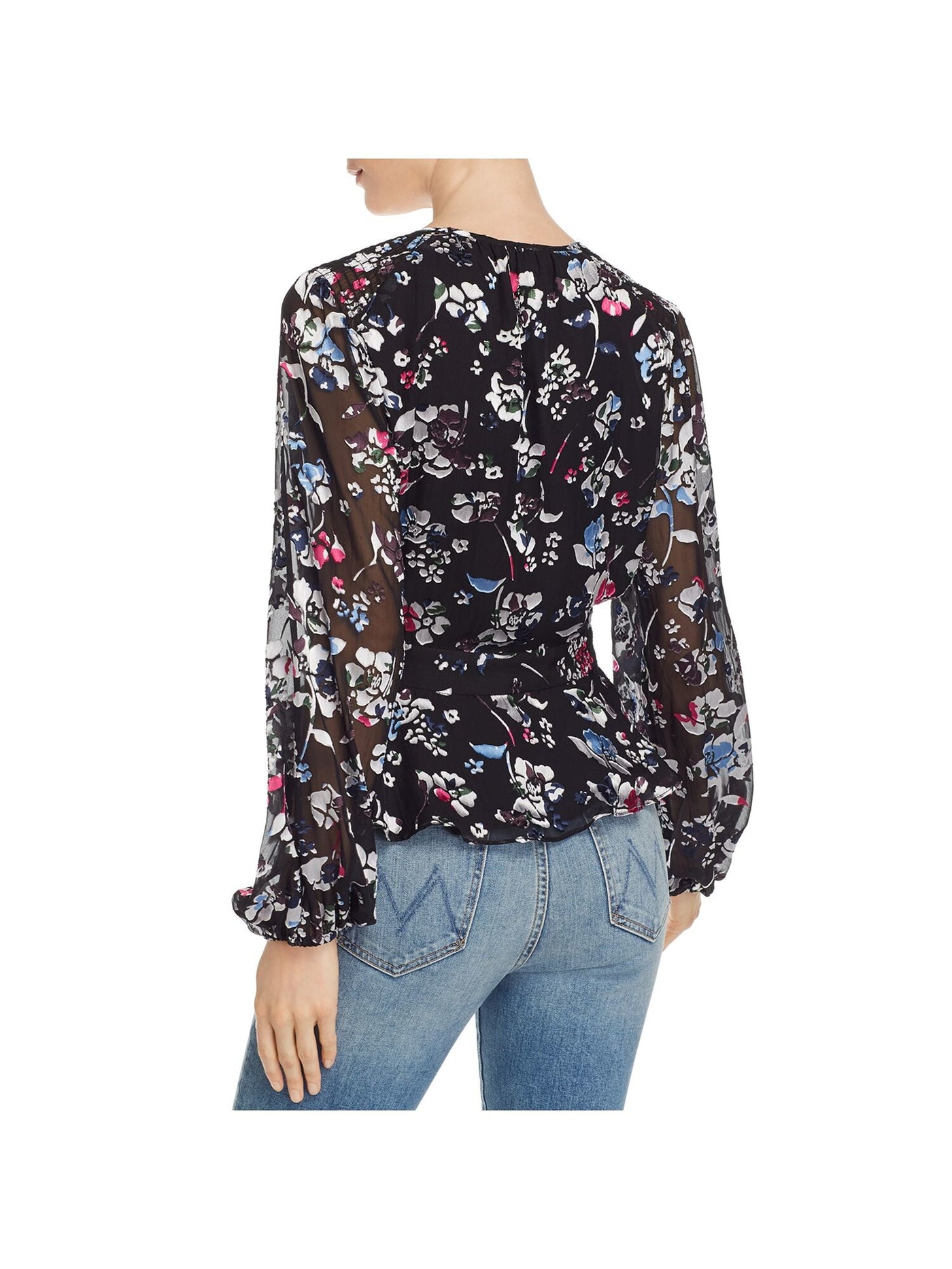 PARKER Womens Black Floral Long Sleeve V Neck Top Size: S