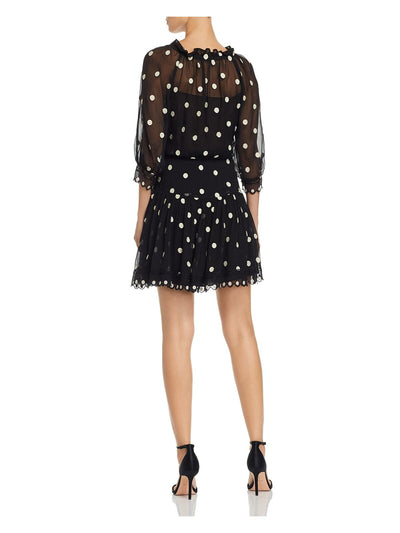 REBECCA TAYLOR Womens Black Short Length Polka Dot Bell Sleeve Crew Neck Mini Trapeze Dress 2