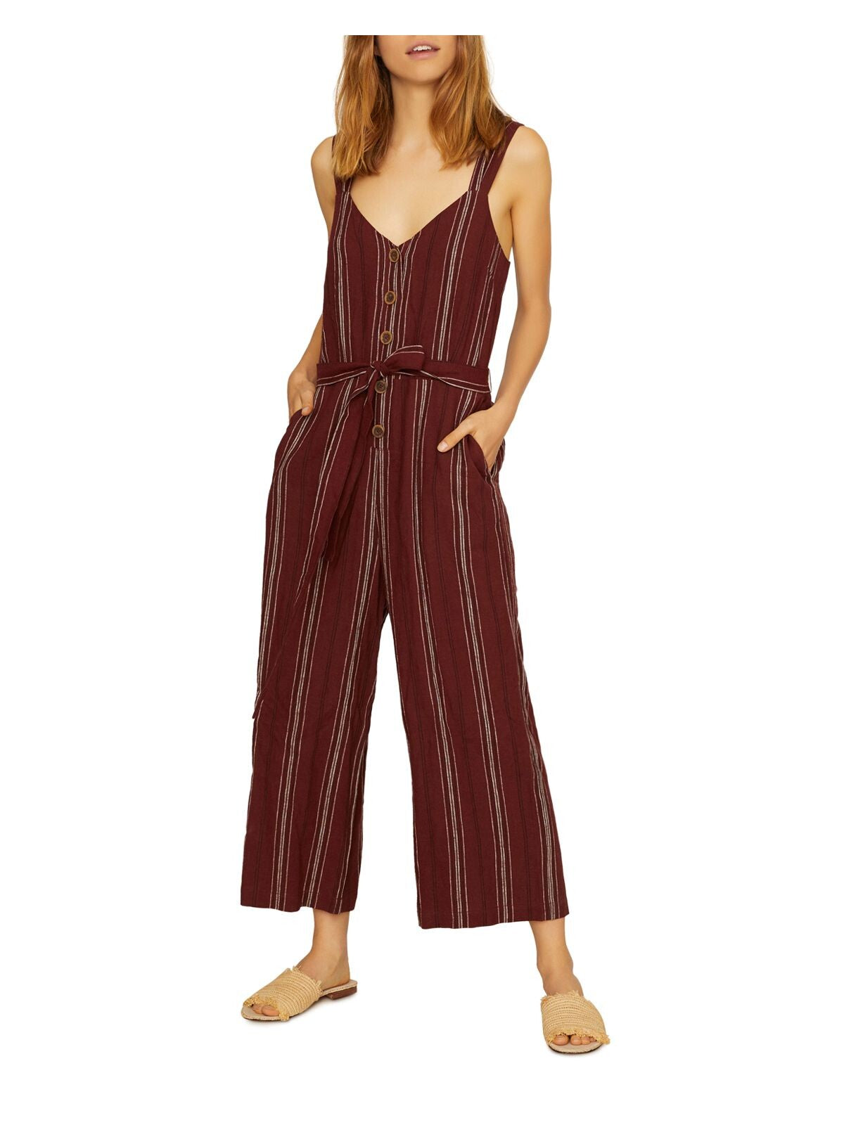 SANCTUARY Womens Maroon Striped Sleeveless V Neck Wide Leg Jumpsuit XXL