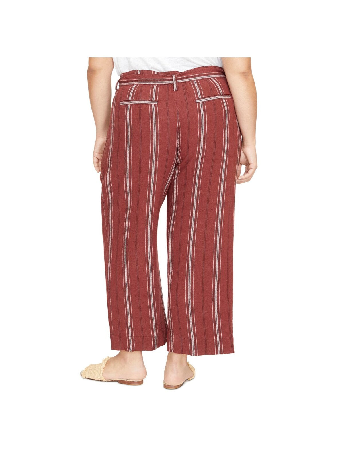 SANCTUARY Womens Brown Zippered Pocketed Cropped Self-Tie Belt Striped Wide Leg Pants Plus 18W