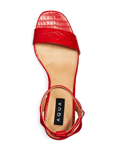 AQUA Womens Red Croco Embossed Adjustable Strap Cushioned Carly Open Toe Stacked Heel Buckle Leather Dress Sandals Shoes M