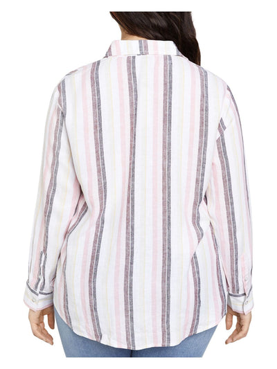 SANCTUARY Womens White Pocketed Boyfriend Vented Sides Round Hem Striped Cuffed Sleeve Collared Button Up Top Plus 2X