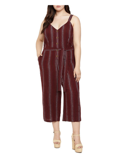 SANCTUARY Womens Maroon Pocketed Belted Button Front Wide Straps Cropped Striped Sleeveless V Neck Wide Leg Jumpsuit Plus 1X