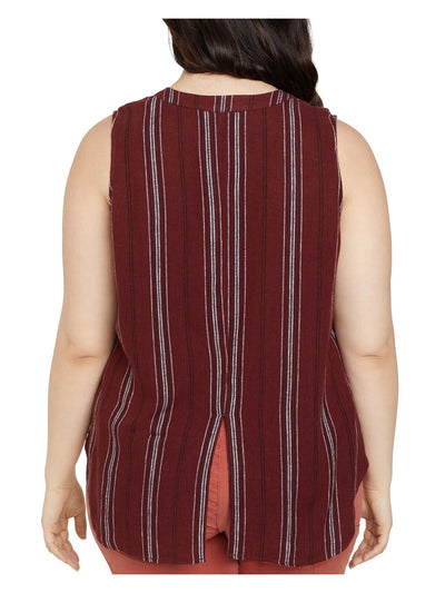 SANCTUARY Womens Maroon Darted Sheer Button Up Round Hem Vented Back Striped Sleeveless Split Tank Top Plus 1X