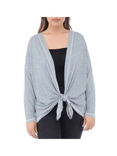 BOBEAU Womens Blue Textured Tie Front Drop Shoulders Striped Long Sleeve Open Front Cardigan Plus 1X