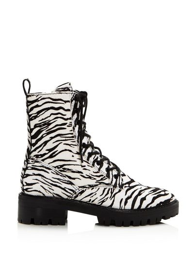 DOLCE VITA Womens Black Zebra Print Lace Up Lug Sole Padded Gregor Almond Toe Block Heel Zip-Up Leather Hiking Boots 6.5