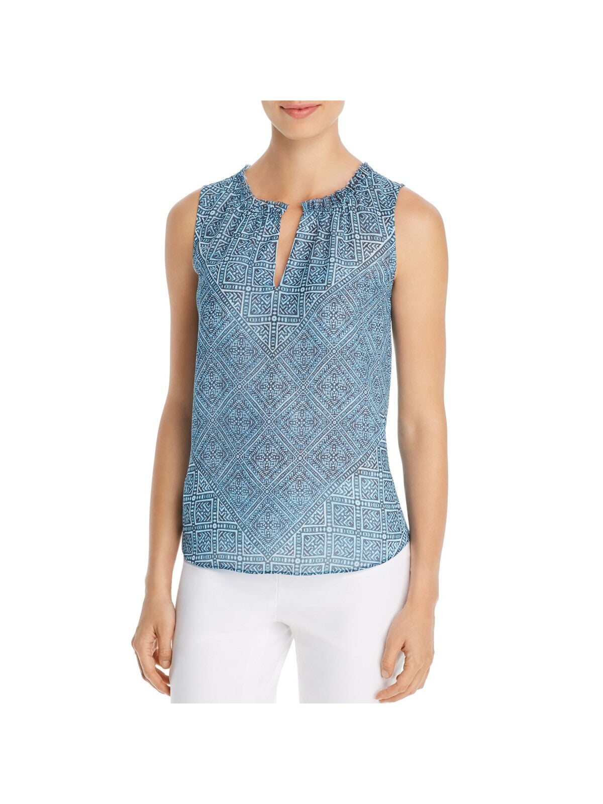 NIC+ZOE Womens Textured Ruffled Partially Lined Keyhole Sleeveless Jewel Neck Tank Top