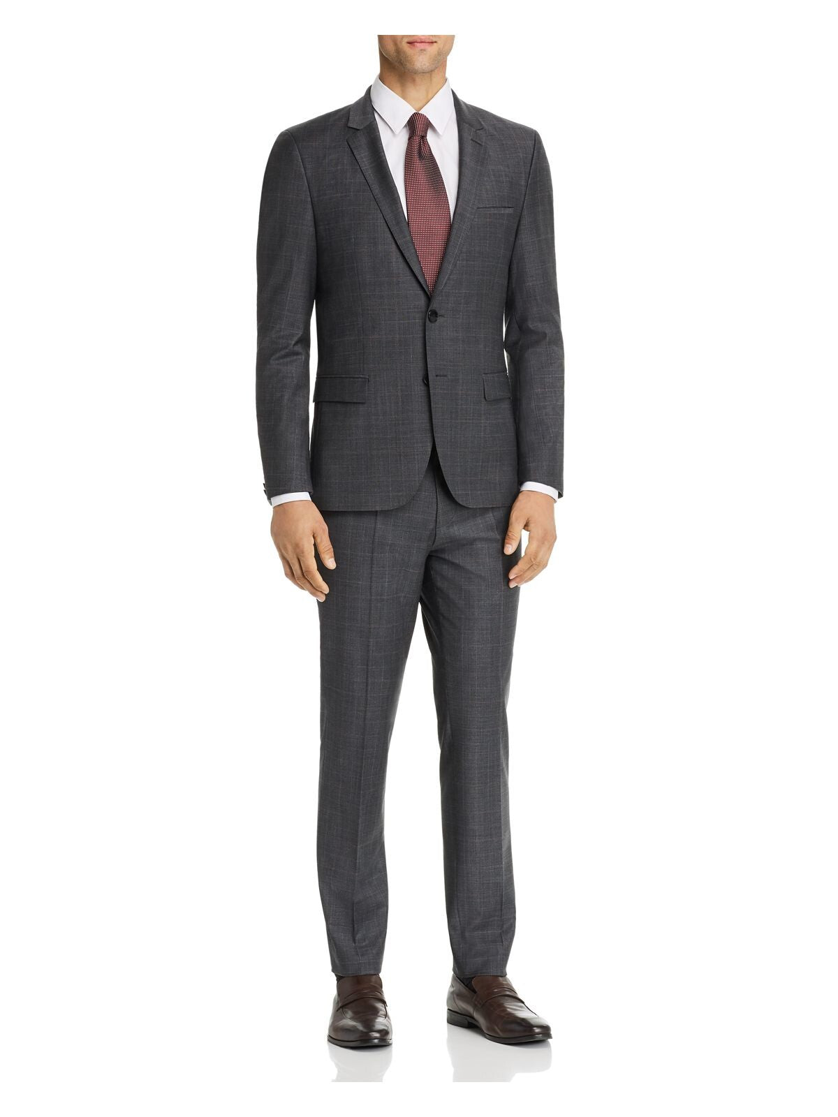 HUGO BOSS Mens Hesten Glen Gray Flat Front, Plaid Extra Slim Fit Wool Blend Suit Separate 34R