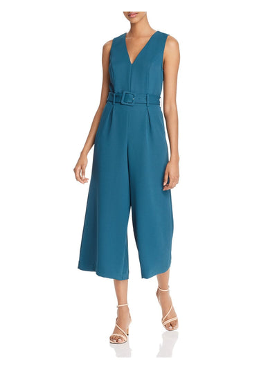 JOIE Womens Teal Belted Sleeveless V Neck Wide Leg Jumpsuit 2