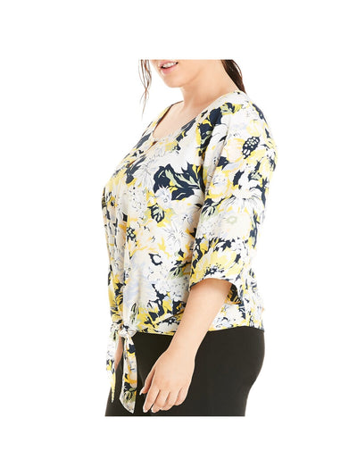 ESTELLE Womens Yellow Floral Elbow Sleeve Keyhole Blouse Plus 2X