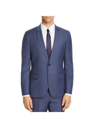 HUGO BOSS Mens Sharkskin Blue Single Breasted, Patterned Extra Slim Fit Wool Blend Blazer 46R